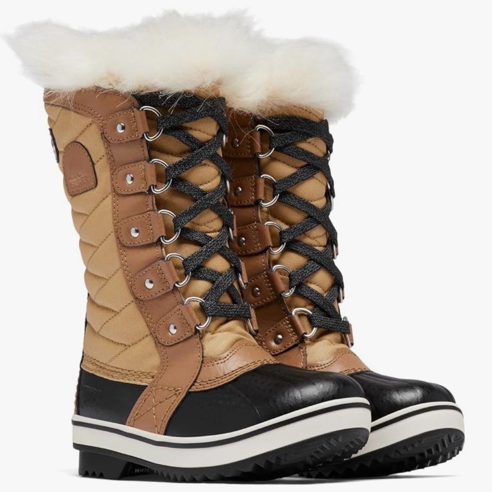 Sorel Tofino II Kids' Winter Boot. Black & Tan (Curry/Elk) with White Fur NWT